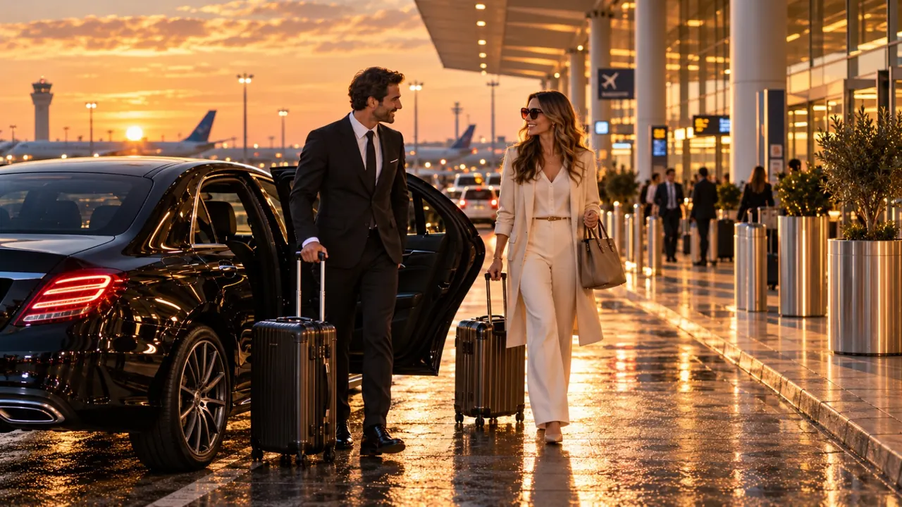 Passagers et leur chauffeur à la sortie d'un terminal d'aéroport